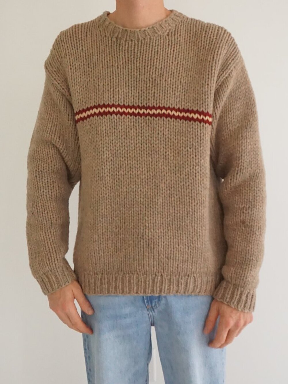 Vintage J.Crew Tan Red Stripe Hand Knit Wool Preppy Collegiate Classic Sweater M